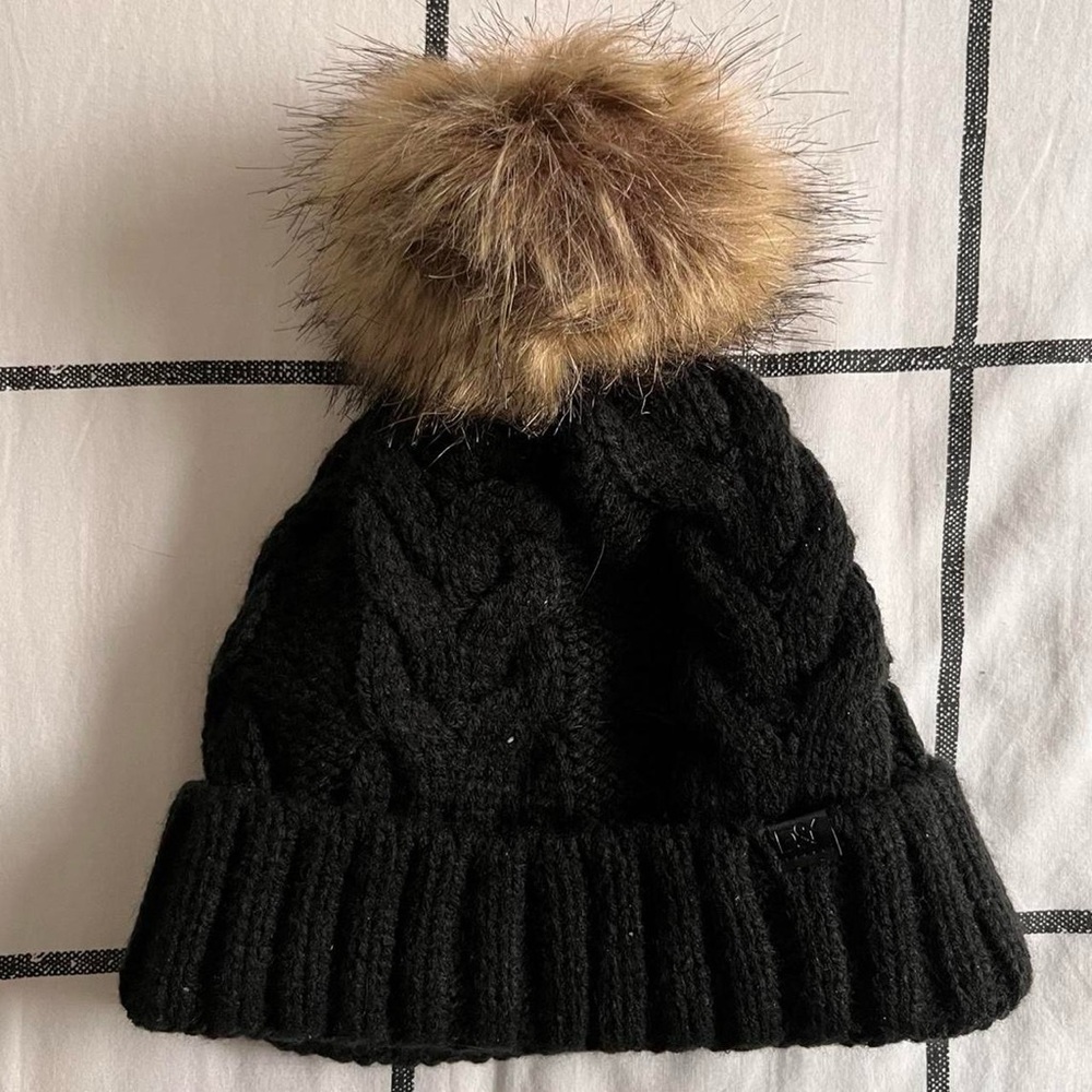 David and Young Satin Lined Black Cable Knit Hat with Brown Pom-Pom